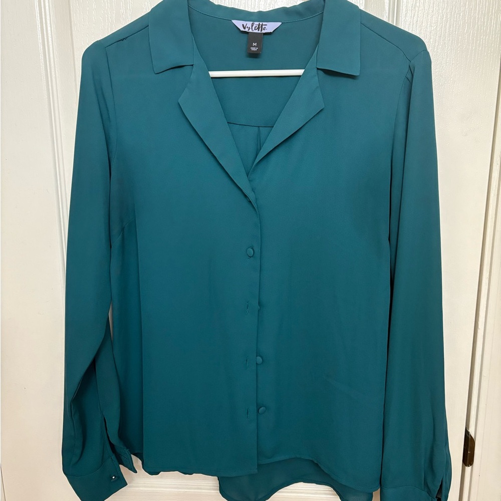Blue Long Sleeve Button Down Shirt with Notched Collar